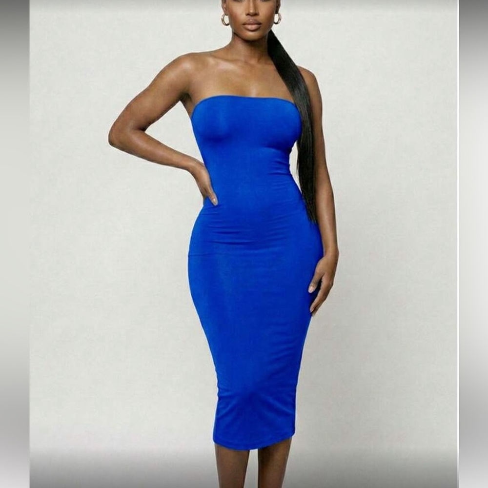 Strapless Bodycon Midi Dress in Royal Blue